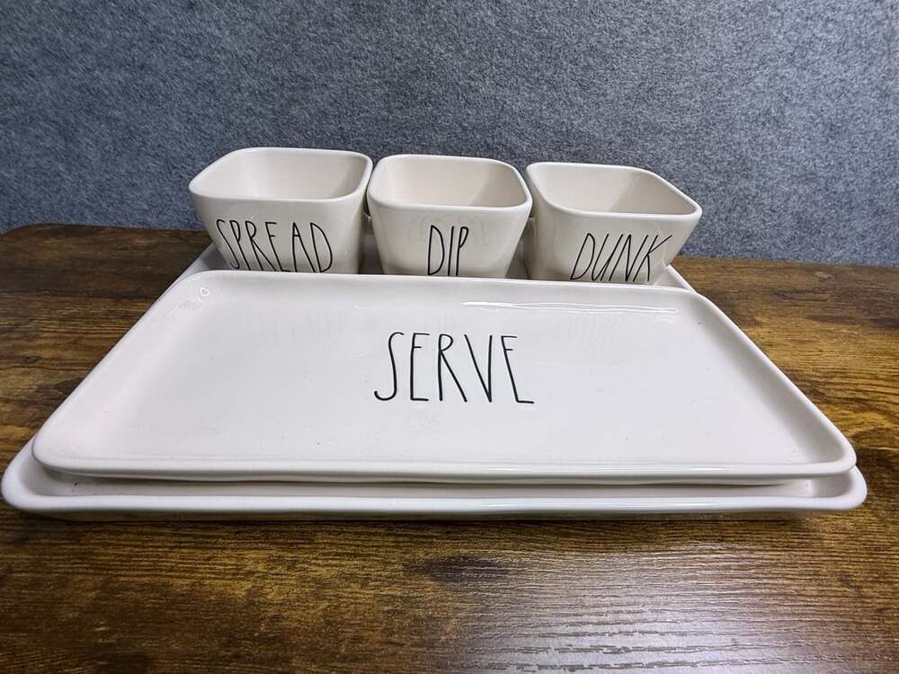 RAE DUNN 5 PIECE PARTY SET SPREAD, DIP, DUNK AND SERVE ALL ON TRAY